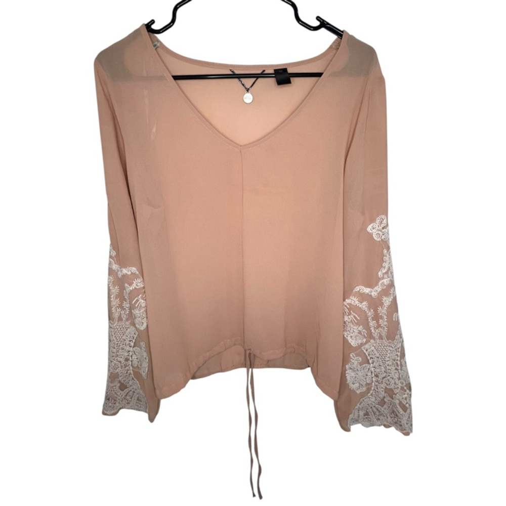 BKE Pink Sheer Lightweight Blouse With Lace Embroidered Bell Sleeves
